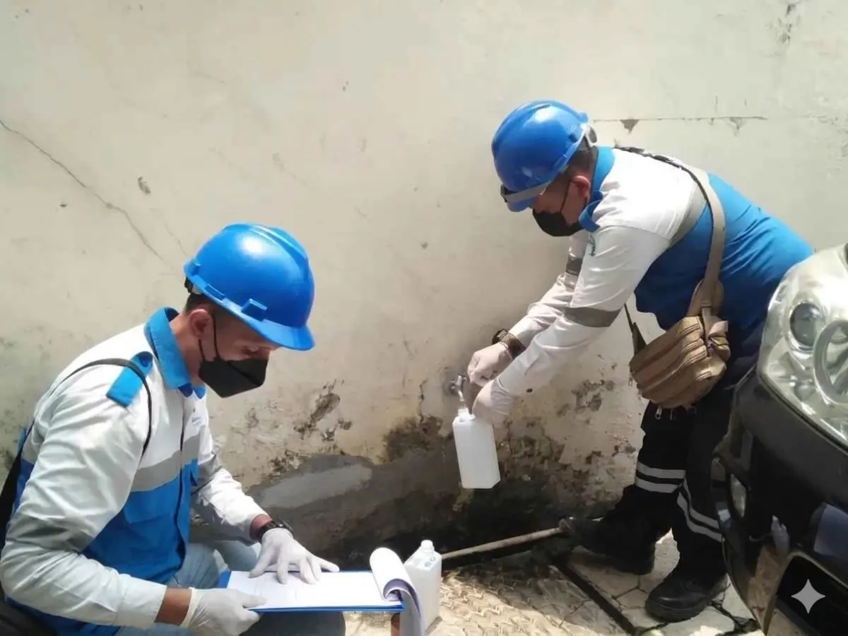 teknisi adhikarilab mengambil sampel air bersih untuk pengujian kualitas air rumahan sumber sumur pdam